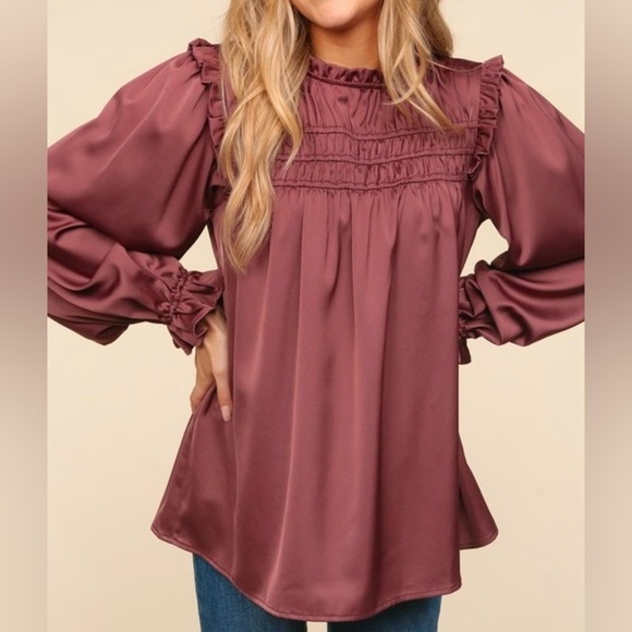 Mock Neck Satin Woven Blouse Chestnut - Picture 1 of 4